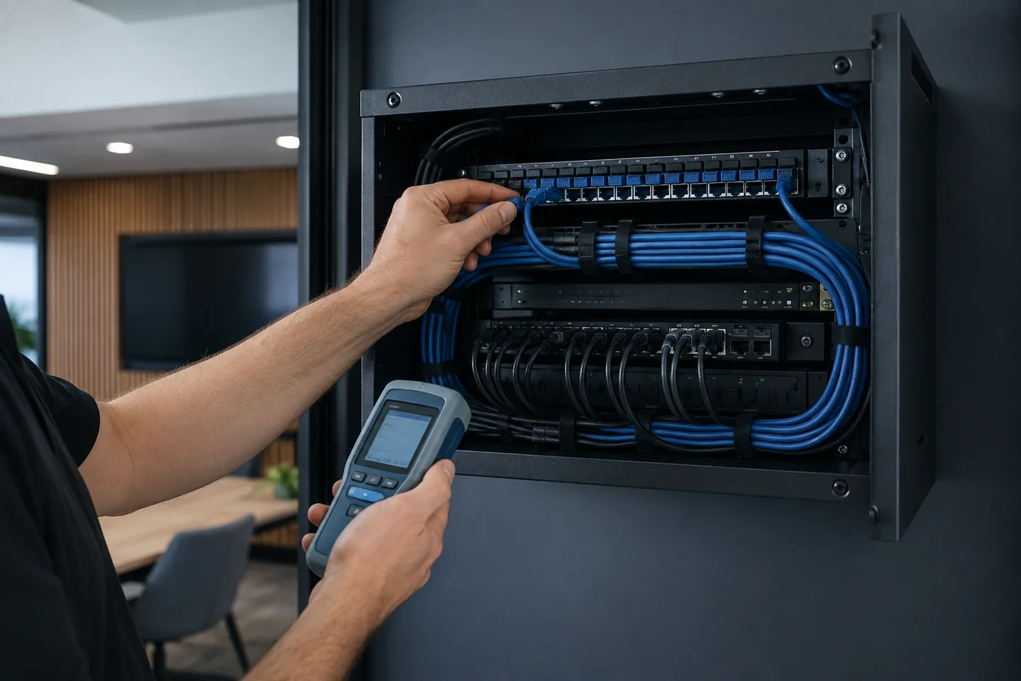 Technician organizing blue network cables and testing connections in a wall-mounted equipment rack.