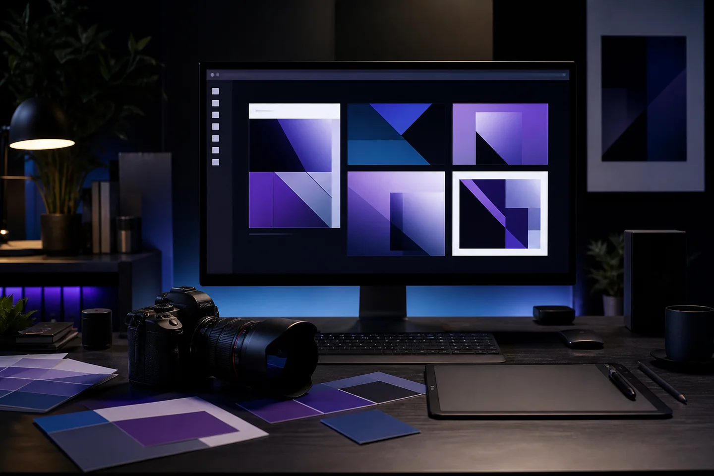 Creative studio desk with a brand design on screen, graphics tablet, camera, and material swatches.