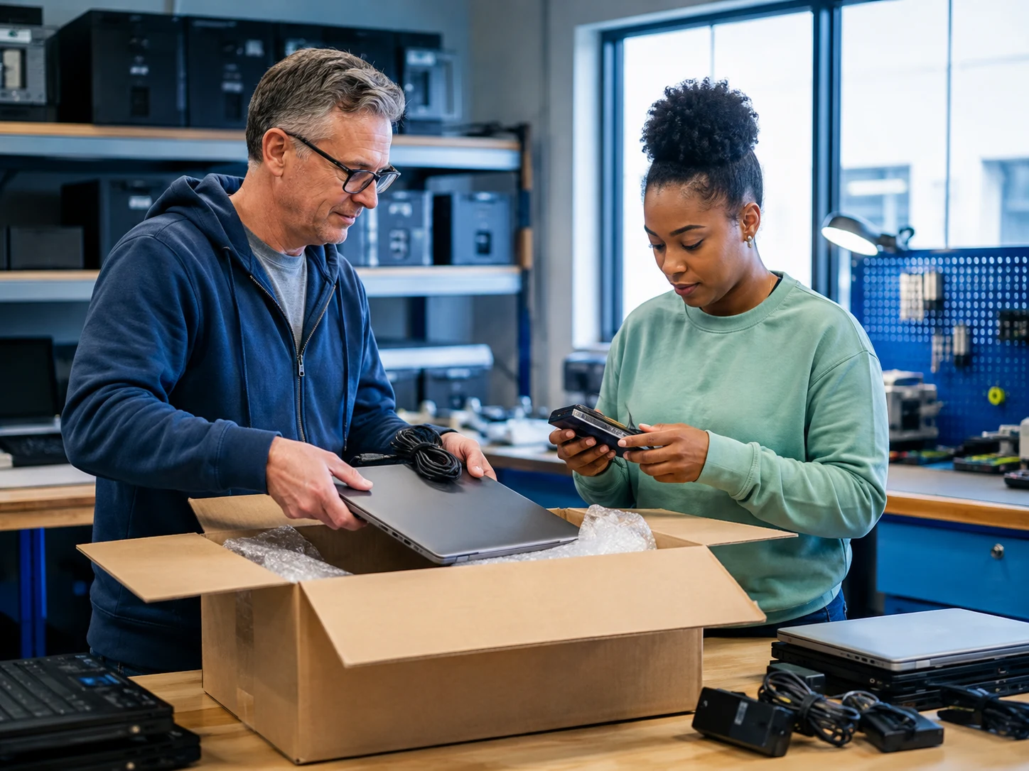 A donor and workshop team member packing useful technology for its next project
