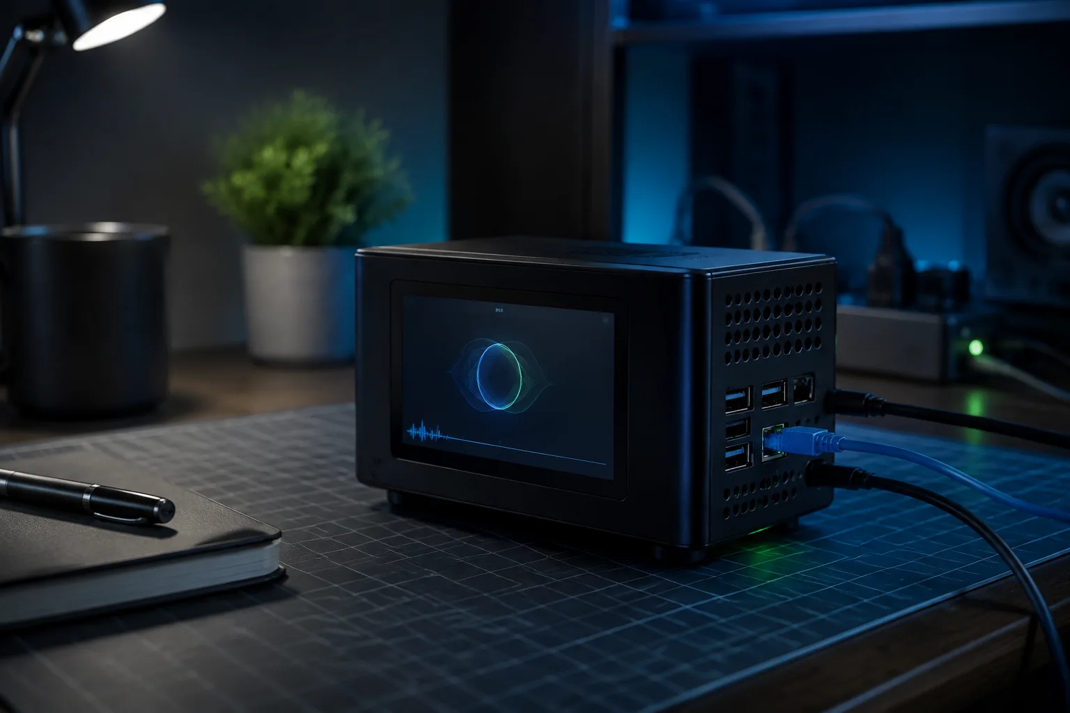 Compact local AI computer with a small display, cooling hardware, and connected tools on a workbench.
