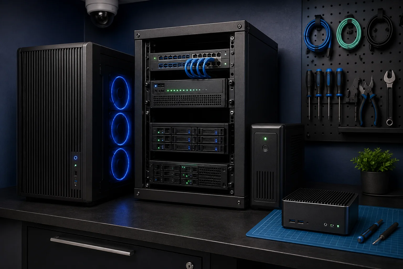 Organized network rack, server tower, backup power supply, and compact hardware on a technology workbench.